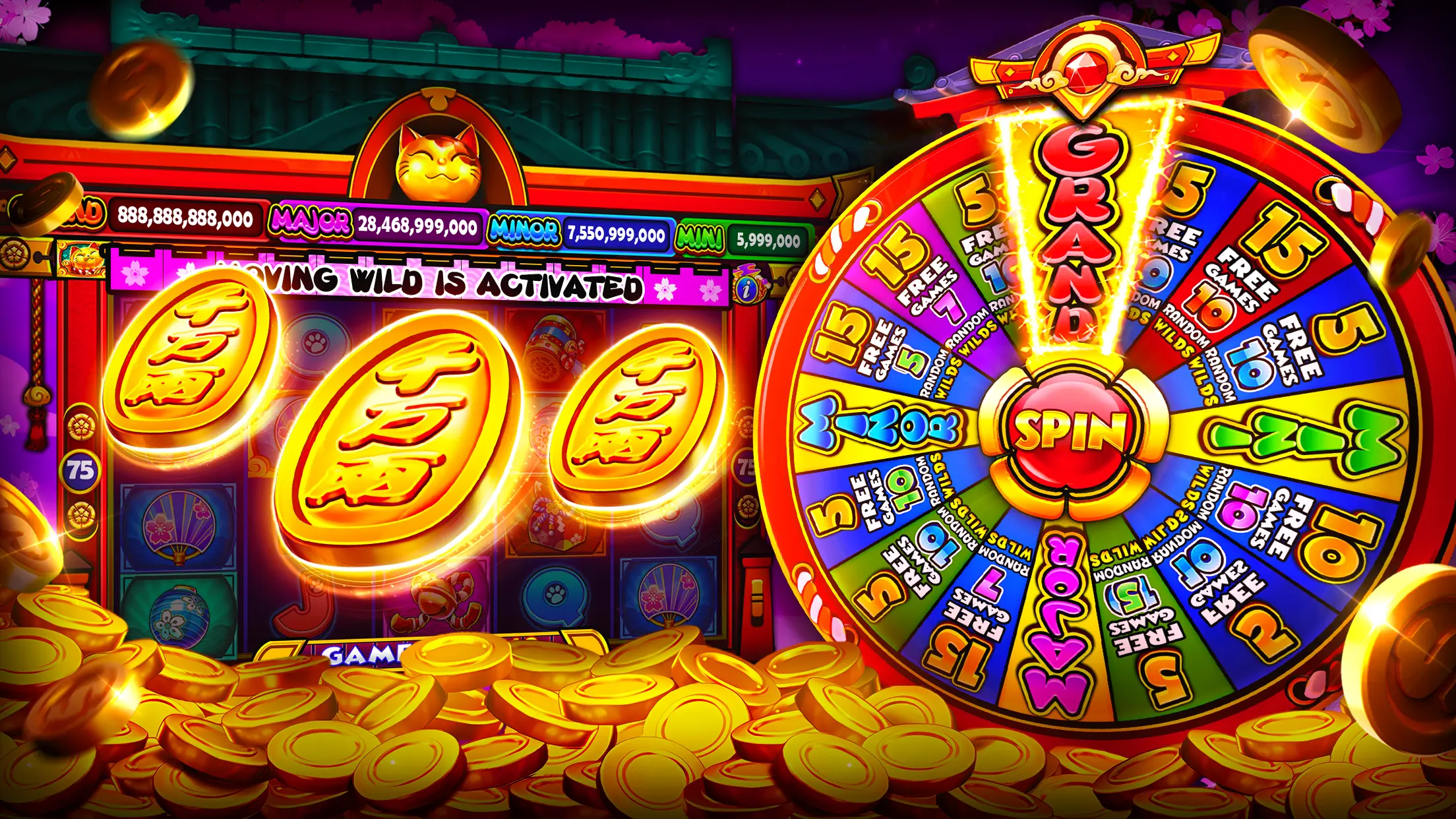 Colourful slot reels with golden coin symbols and a bonus wheel